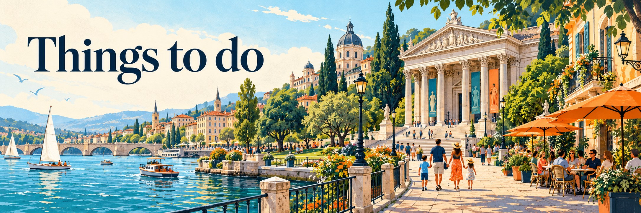 Illustrated waterfront city with a museum, leafy park and pavement cafés.