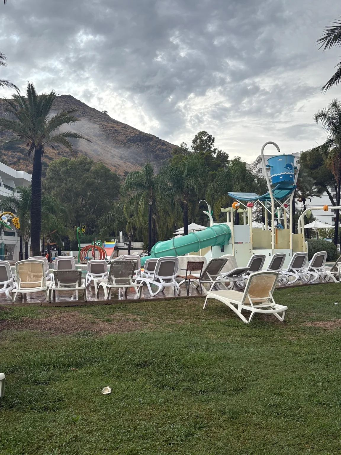 The resort water-play area with the mountain in the background.