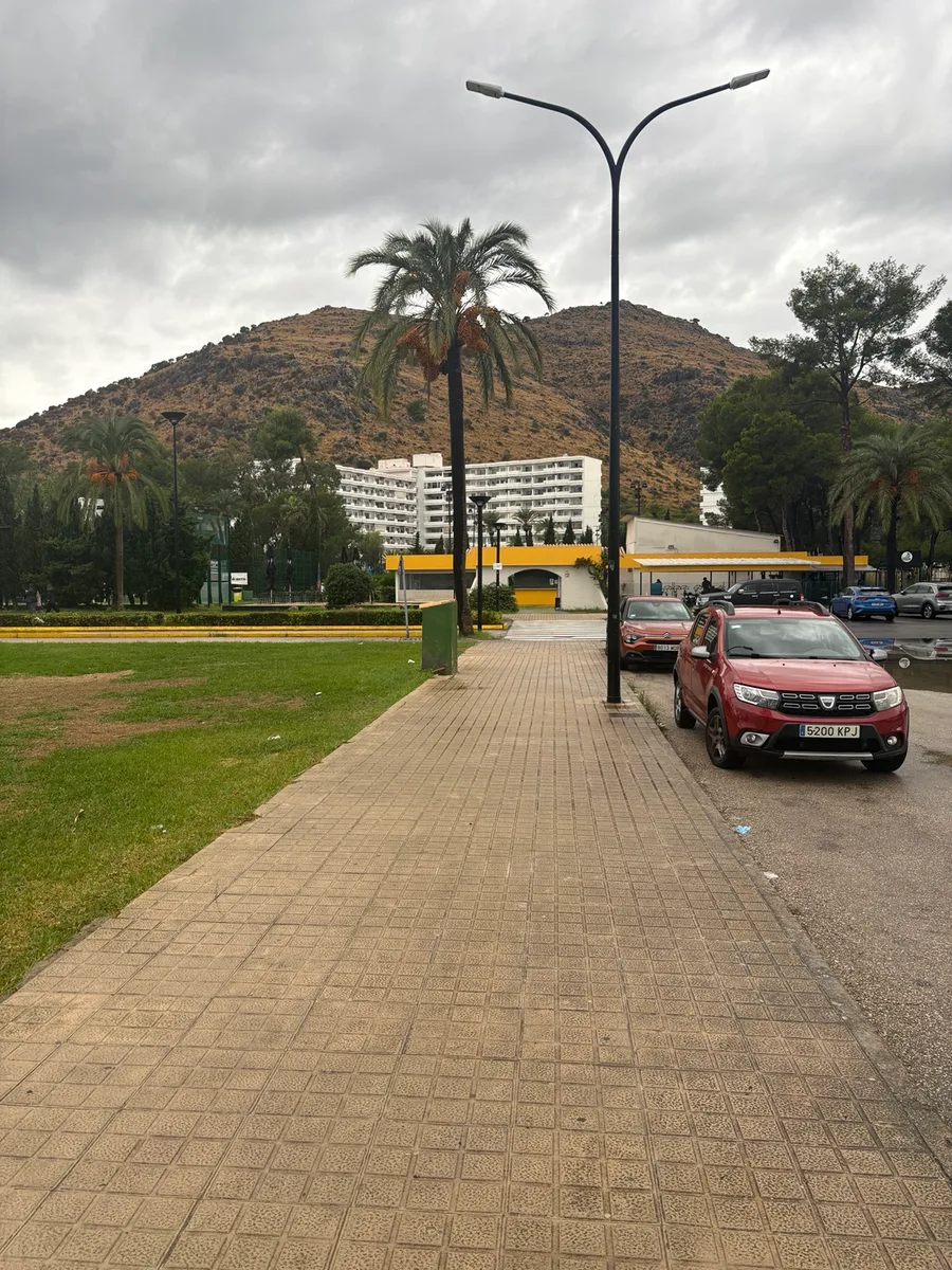 Street outside the resort with palm trees, mountains and cloudy skies